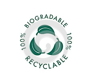 Biodegradable recyclable vector icon. 100 percent bio recyclable and degradable package packet logo. Biodegradable