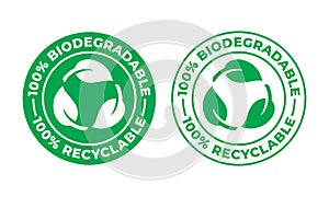 Biodegradable recyclable vector icon. 100 percent bio recyclable and degradable package logo photo