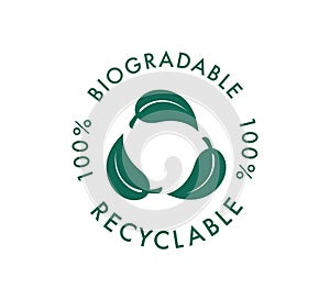 Biodegradable recyclable vector icon. 100 percent bio recyclable and degradable package packet logo. Biodegradable photo