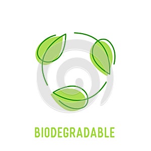 Biodegradable Symbol with Circulate Rotating Green Leaves. Compostable Recyclable Plastic Package Icon