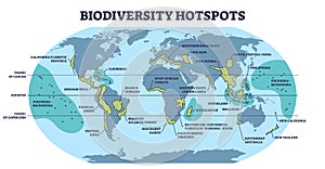 Biodiversity hotspots with life species variety on world map outline diagram