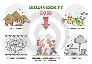 Biodiversity loss issues and causes as climate ecosystem problem outline set photo