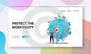 Biodiversity and Multiplicity, Save Planet Landing Page Template. Eco Activist Male Character Holding Hunt Prohibition