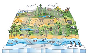 Biodiversity scene with flora and fauna ecological zones outline diagram photo