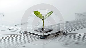 Bioelectronics Concept: Green Seedling Growing from Central Microchip, Symbolizing Bio-Integration and Sustainable Tech.