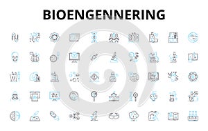 Bioengennering linear icons set. Biomaterials, Biomechanics, Bioprocessing, Bioreactors, Nanotechnology, Tissue photo