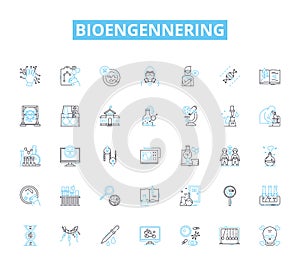 Bioengennering linear icons set. Biomaterials, Biomechanics, Bioprocessing, Bioreactors, Nanotechnology, Tissue photo