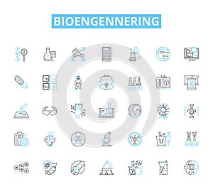 Bioengennering linear icons set. Biomaterials, Biomechanics, Bioprocessing, Bioreactors, Nanotechnology, Tissue photo