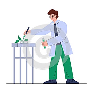 Bioengineer conducting researches on plants, flat vector illustration isolated.