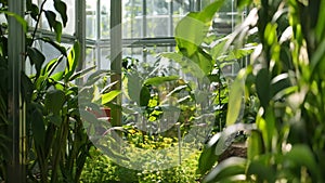 A bioengineered greenhouse bursting with various green plants and foliage, A bio-engineered garden filled with genetically