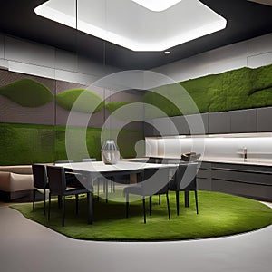 A bioengineered interior space highlighting modern futurism through living walls of moss and biomaterial furniture1