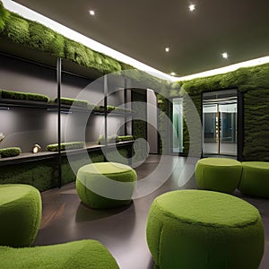 A bioengineered interior space highlighting modern futurism through living walls of moss and biomaterial furniture2