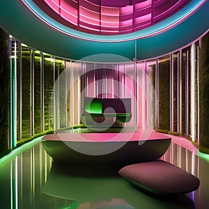 A bioengineered interior space highlighting modern futurism through living walls of moss and biomaterial furniture3