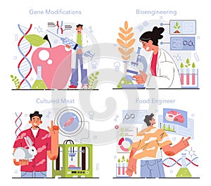 Bioengineering concept set. Biotechnology for food engineering