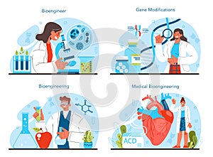 Bioengineering concept set. Biotechnology, gene therapy and research.