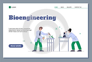 Bioengineering of genetically modified food website, flat vector illustration.