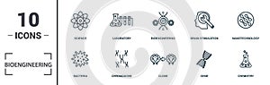 Bioengineering icon set. Monochrome sign collection with bacteria, chromosome, clone, gene and over icons. Bioengineering elements
