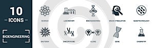 Bioengineering icon set. Monochrome sign collection with bacteria, chromosome, clone, gene and over icons. Bioengineering elements