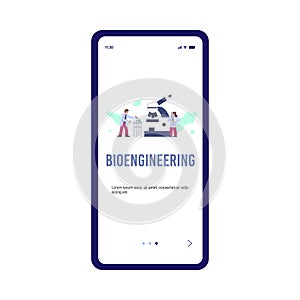 Bioengineering research and technology mobile page, flat vector illustration.