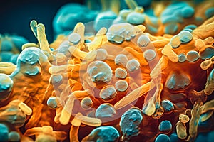 Biofilm of antibiotic resistant bacteria, closeup view. Rod-shaped and spherical bacteria. Generative AI