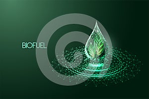 Biofuel, biodiesel, biogas alternative energy source futuristic concept with green drop and leaf