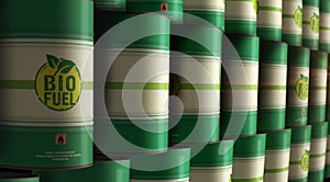 Biofuel crude brent petroleum fuel barrels in row