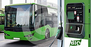 Biofuel filling station on a background of green city bus. Decarbonization of public transport photo
