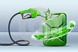 Biofuel. Gas pump nozzle and Green jerrycan with green leaves. Biofuel concept.