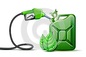 Biofuel. Gas pump nozzle and Green jerrycan with green leaves isolated on white background,