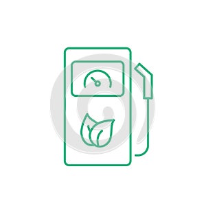 Biofuel pump station line icon with leaf. Green refill fuel nozzle. Renewable energy.