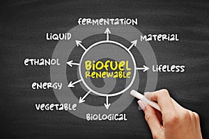 Biofuel renewable - derived entirely from plant-based organic materials, mind map concept on blackboard for presentations and