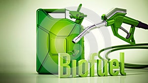 Biofuel word standing next to green gas tank and gas pump. 3D illustration