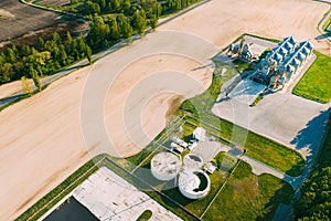 Biogas Bio-gas Plant From Pig Farm And Granary, Grain-drying Complex, Commercial Grain Or Seed Silos In Sunny Spring