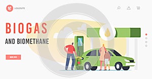 Biogas and Biomethane Landing Page Template. Worker Pumping Eco Petrol, Biodiesel Filling Auto to Woman with Child photo