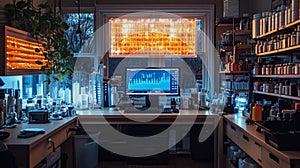 Biohacker\'s Laboratory with Glass Vials and Digital Screen photo