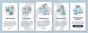 Biohacking elements onboarding mobile app page screen with concepts