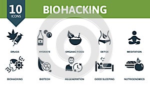 Biohacking icon set. Collection contain meditation, hydrate, biotech, nutrigenomics and over icons. Biohacking elements