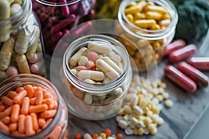 Biohacking. A table displaying various jars filled with pills of different types