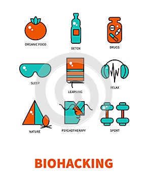 Biohacking, vector icon set