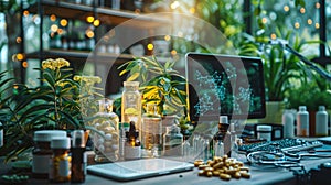 A biohacking workspace with supplements, smart devices measuring health metrics, and a background of green plants