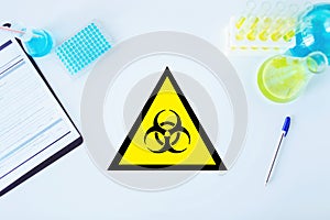 Biohazard caution sign in scientific laboratory