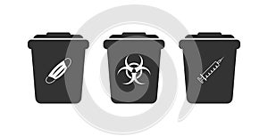Biohazard containers icons set. Disposal of disposable syringes. For medical waste and box masks.