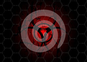 Biohazard dark red symbol behind mesh metal