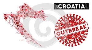 Biohazard Mosaic Croatia Map with Textured OUTBREAK Seal