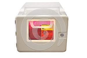 Biohazard sharps disposal box photo