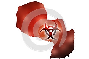 Biohazard sign against the background of a contour map of Paraguay with a red glow. The concept of a new outbreak of diseases and