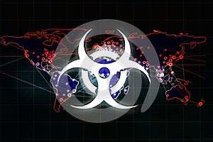 Biohazard sign on a world map outline background. Global outbreak of the epicenter of incidence. Image elements courtesy of NASA