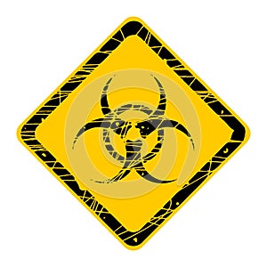 Biohazard sign on yellow square, isolated quarantine symbol, covid-19 coronavirus pandemic illustration, old peeled paint