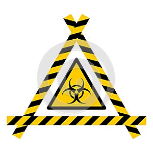 Biohazard warning sign, warning tape shields infection, pandemic illustration, yellow black stripes