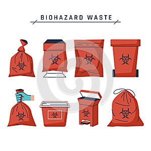 Biohazard waste, set of vector red bags